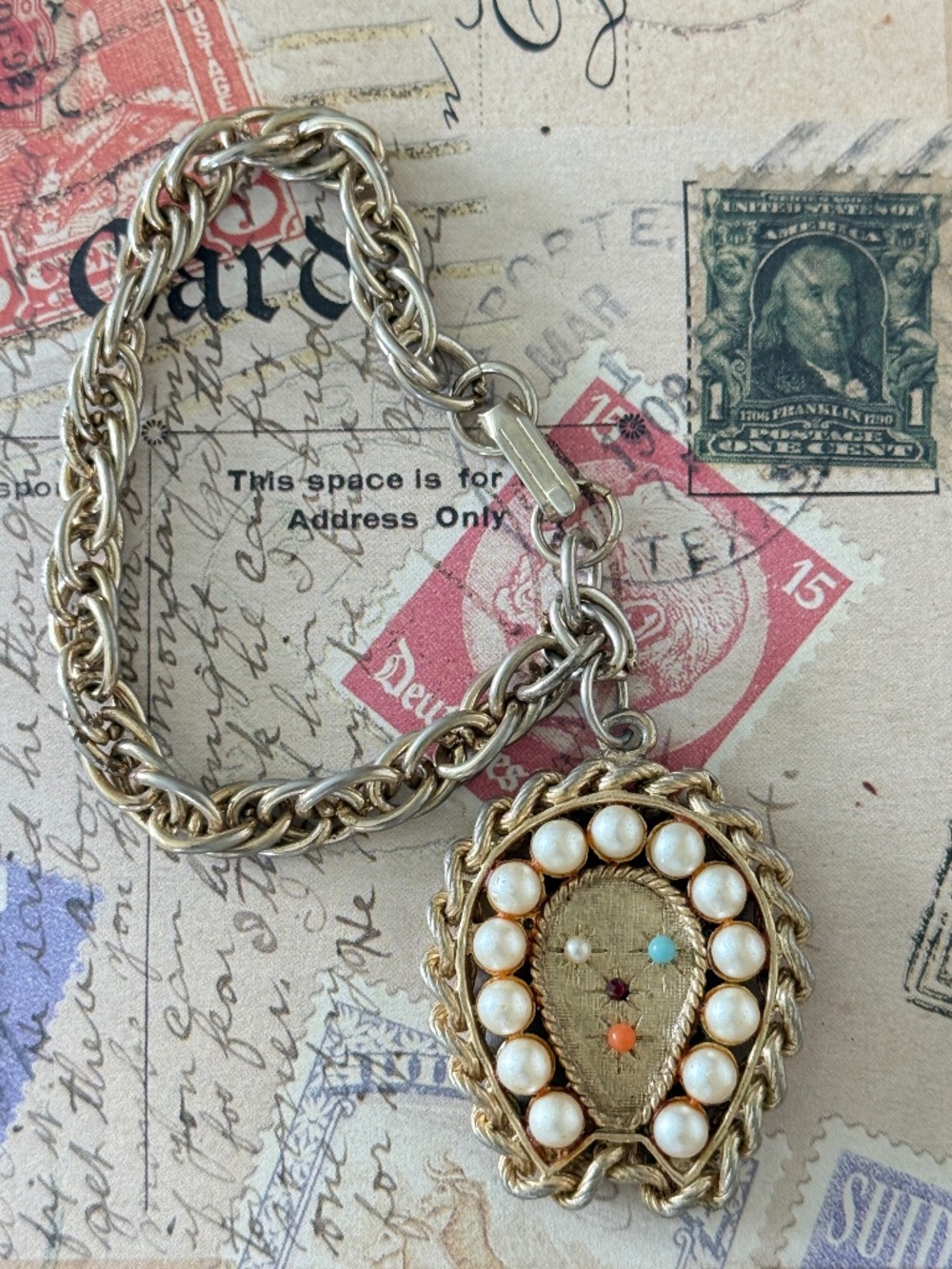 VINTAGE Link Faux Pearl Teardrop Charm Bracelet Victorian Revival